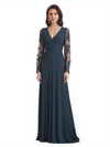 Elegant Chiffon Long Sleeves V-Neck A-Line Floor Length Mother Of The Bride Dresses