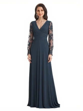 Elegant Chiffon Long Sleeves V-Neck A-Line Floor Length Mother Of The Bride Dresses