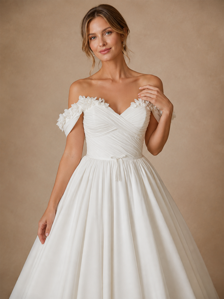 ChicSew Elegant V-Neck Off The Shoulder Chiffon A-Line Maxi Wedding Dress With 3D Flowers