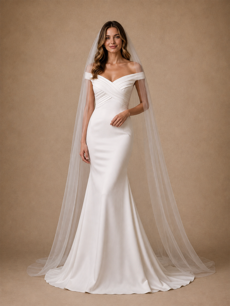 ChicSew Elegant Off Shoulder Ruching Mermaid Satin Floor-Length Wedding Dress