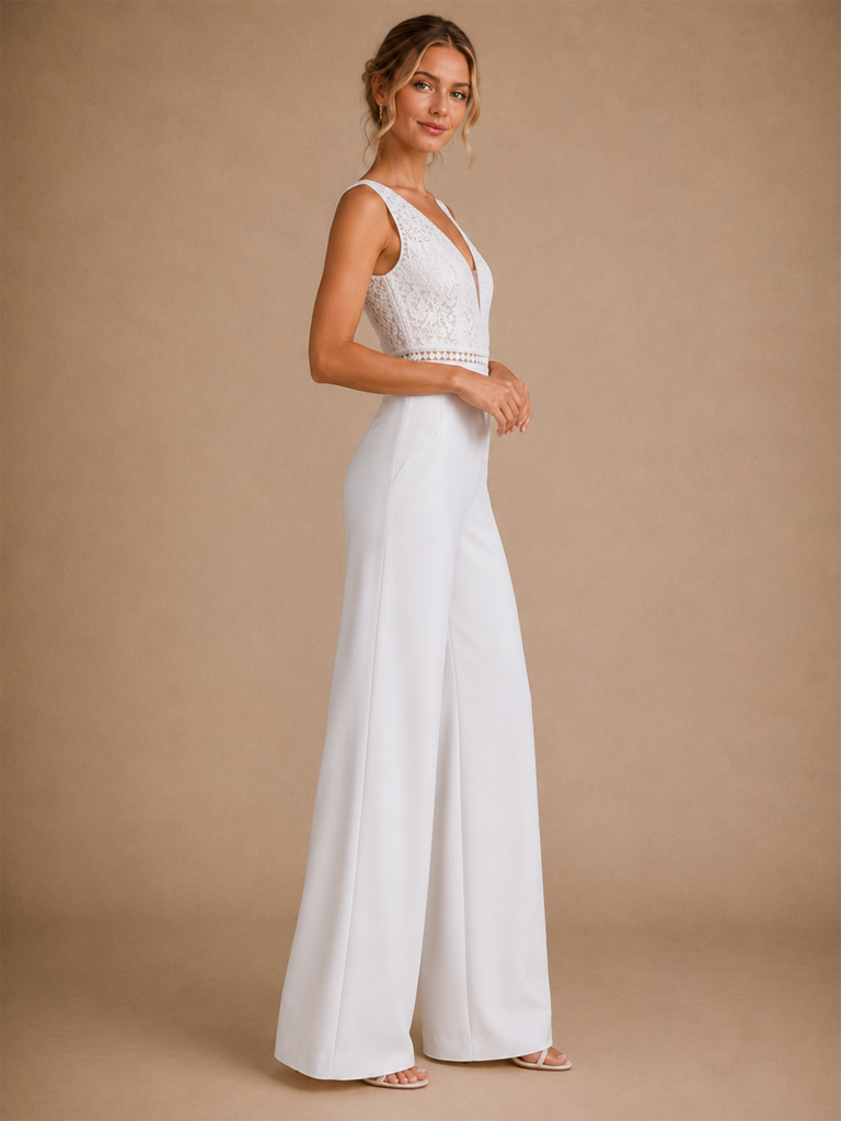 ChicSew Sexy Spaghetti Straps V-Neck Sleeveless Crepe Long Wedding Jumpsuit