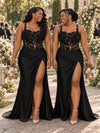 ChicSew Spaghetti Straps Lace Appliques Side Slit Mermaid Soft Satin Bridesmaid Dresses With Boning