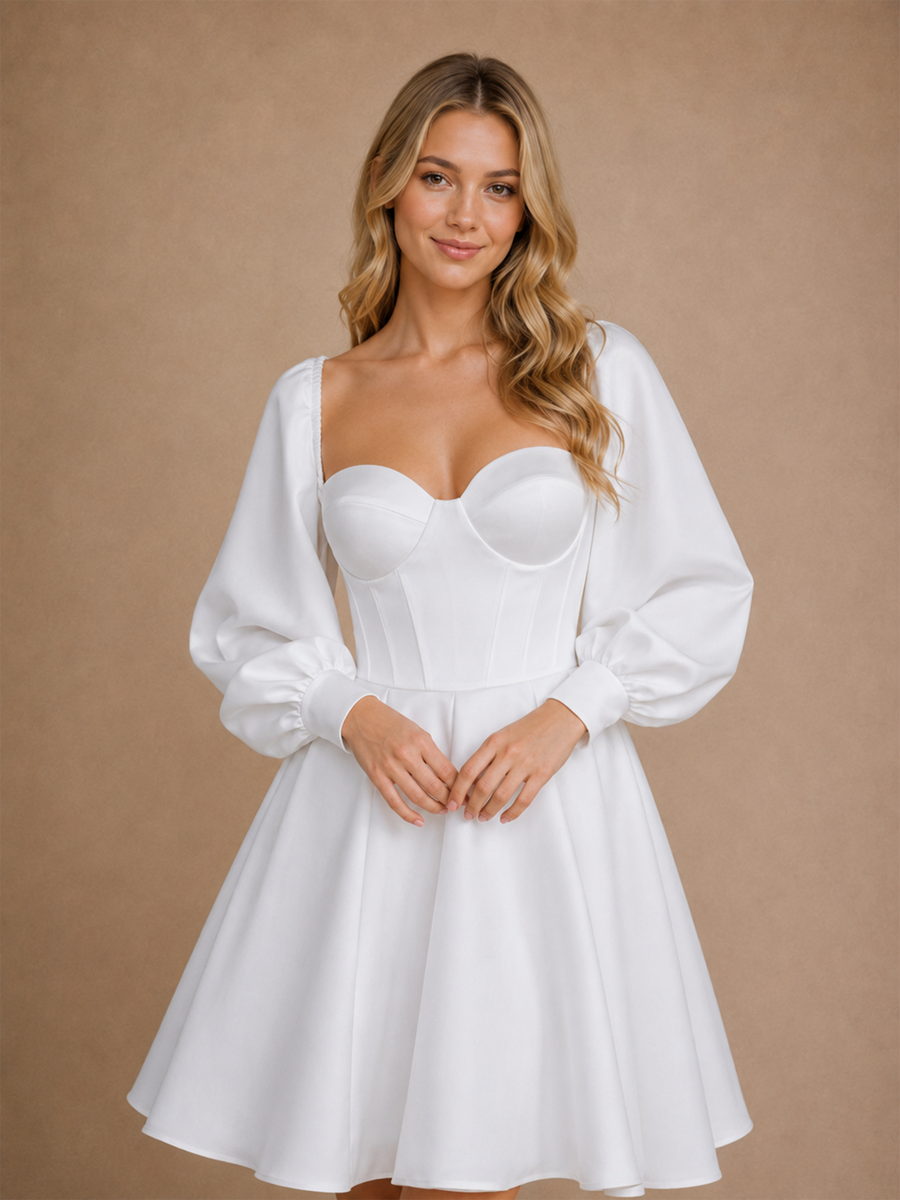 ChicSew Fancy Sweetheart Long Sleeves A-Line Satin Knee-Length Wedding Dress