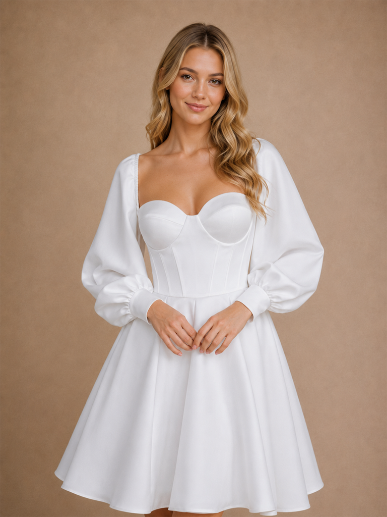 ChicSew Fancy Sweetheart Long Sleeves A-Line Satin Knee-Length Wedding Dress