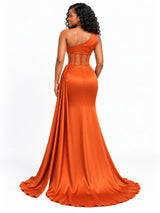 ChicSew Sexy One Shoulder Boning Side Slit Ruched Mermaid Soft Satin Long Bridesmaid Dresses