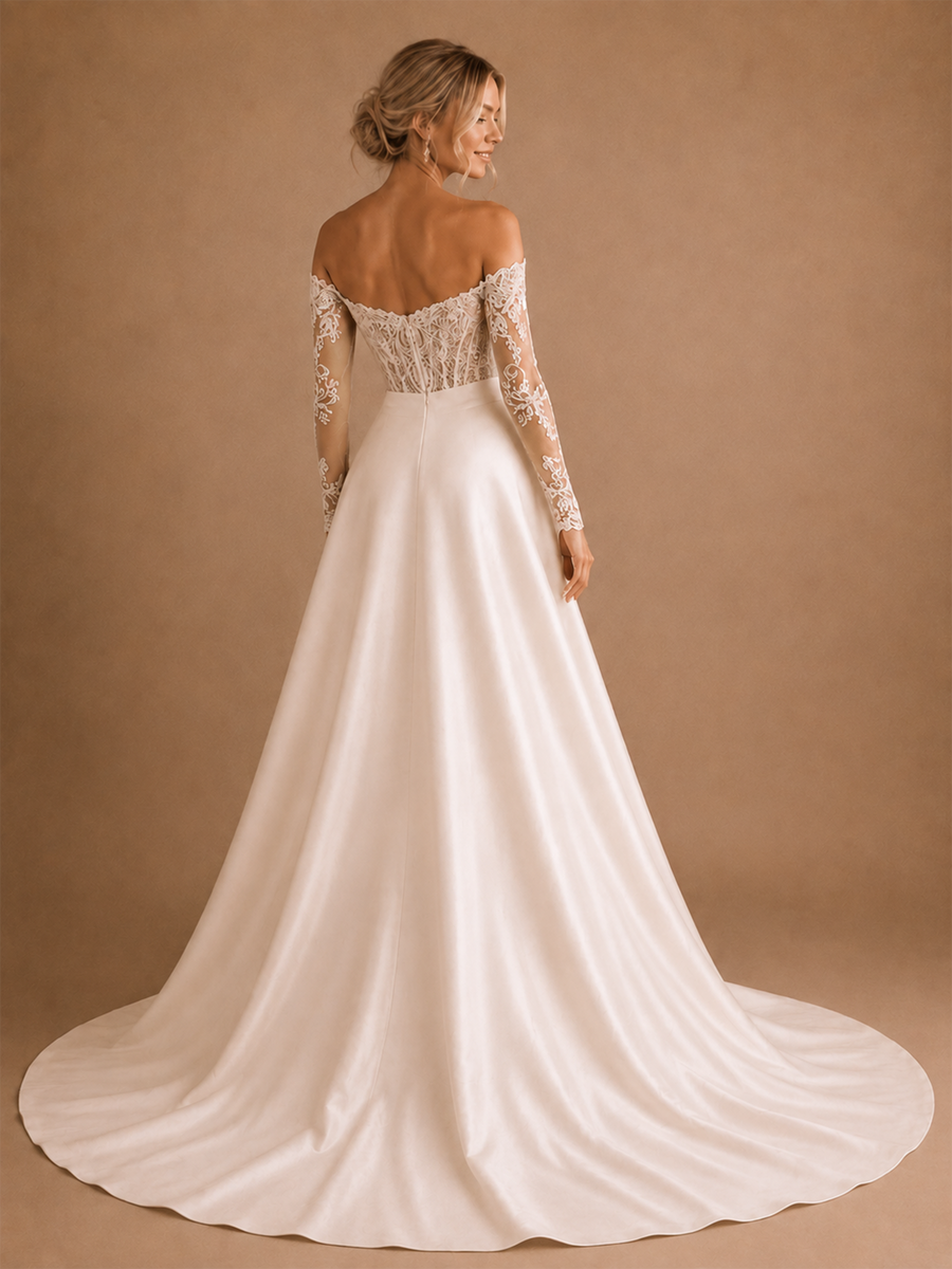 ChicSew Modern Sweetheart Long Sleeve Lace Satin Maxi Wedding Jumpsuit With Overskirt