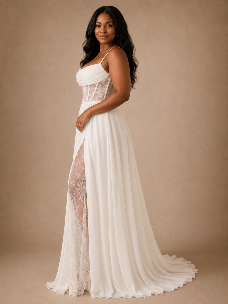 ChicSew Classy Spaghetti Straps Lace Applique Chiffon Side Slit A-Line Long Wedding Dress With Pleats