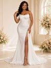 ChicSew Fancy Off The Shoulder Ruching Mermaid Satin Maxi Wedding Dress With Beaded