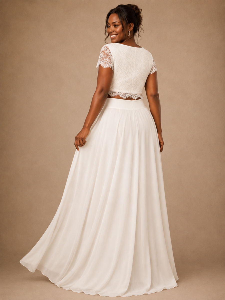 ChicSew Elegant Two Piece A-Line Bateau Short Sleeves Lace Chiffon Maxi Wedding Dress