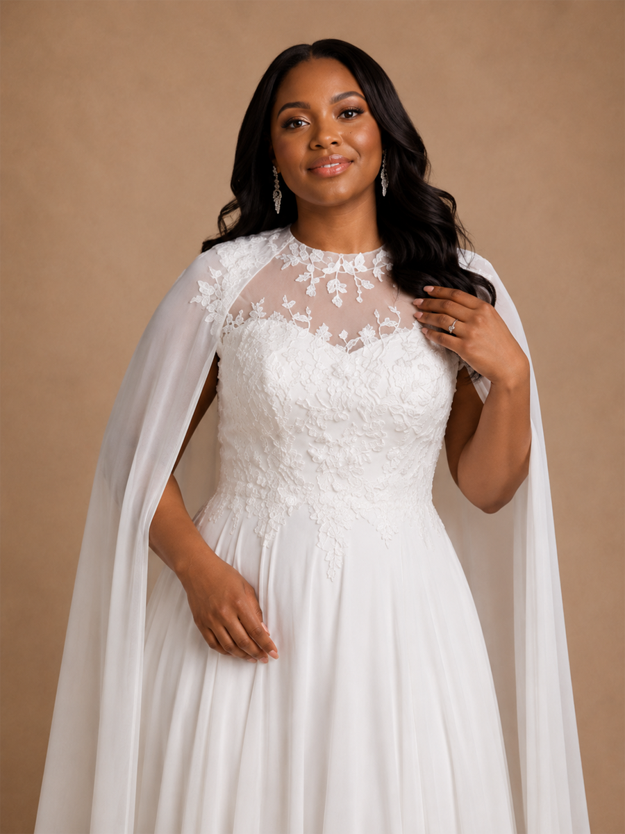 ChicSew Modern Illusion Long Cape Sleeves A-Line Lace Appliques Chiffon Maxi Wedding Dress