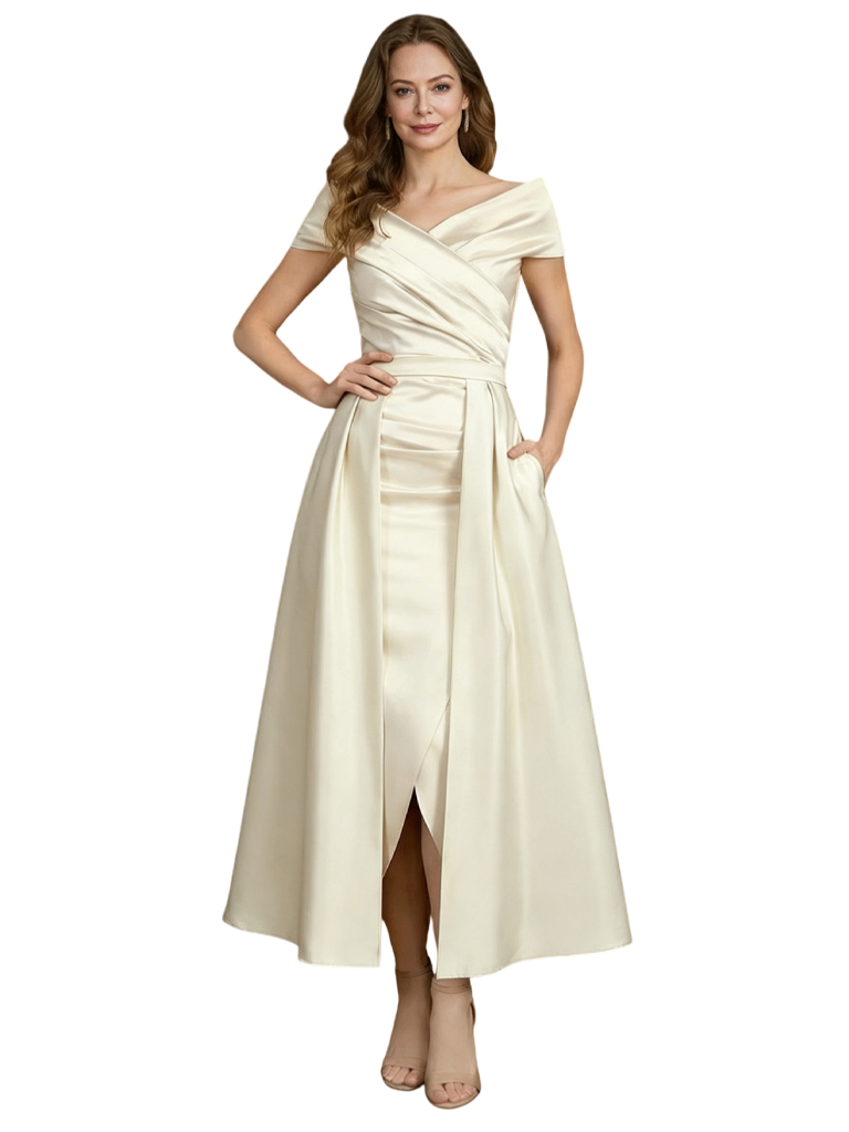 Elegant V-Neck Off Shoulder Sleeveless Sheath Mother Of The Bride Dresses With Train