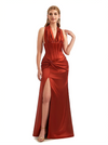 Sexy Halter Sleeveless Twisted Knot Mermaid Silky Satin Long Formal Dresses Side Slit