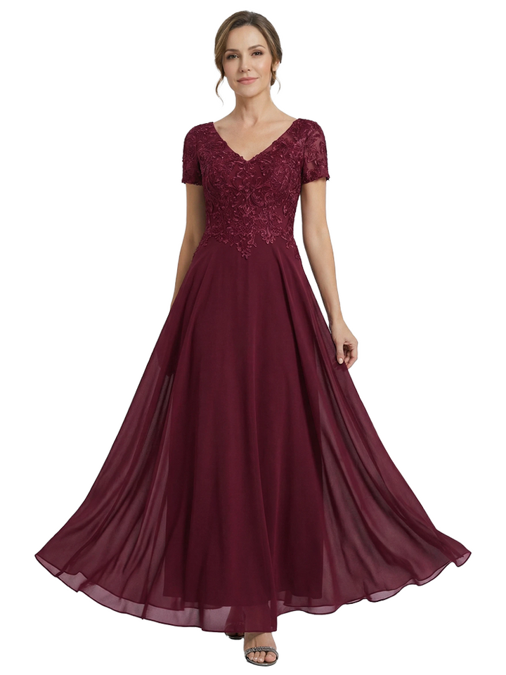 Elegant V-neck Short Sleeves Chiffon A-Line Mother of The Bride Dresses