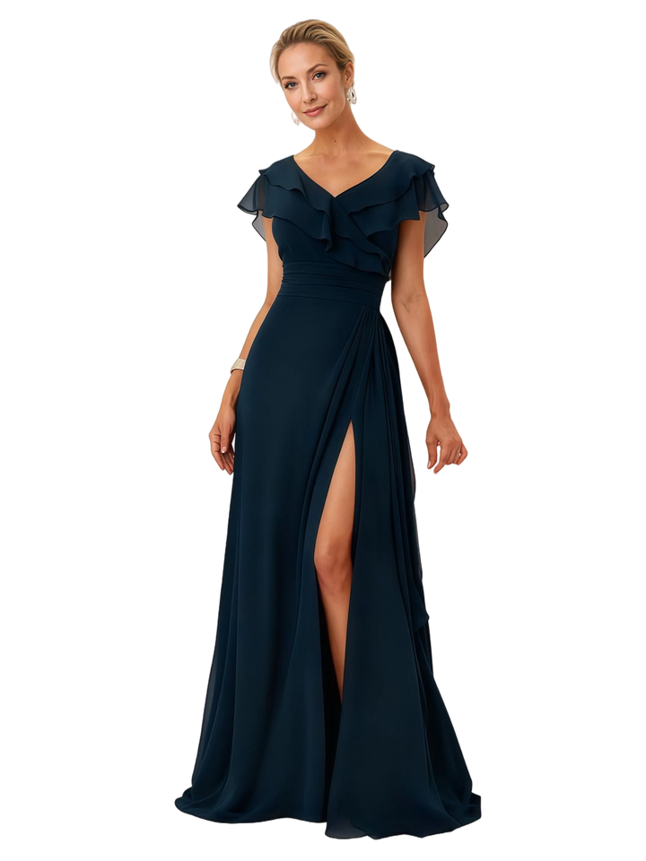 Elegant Flutter Sleeves V-Neck Chiffon A-Line Mother of The Bride Dresses