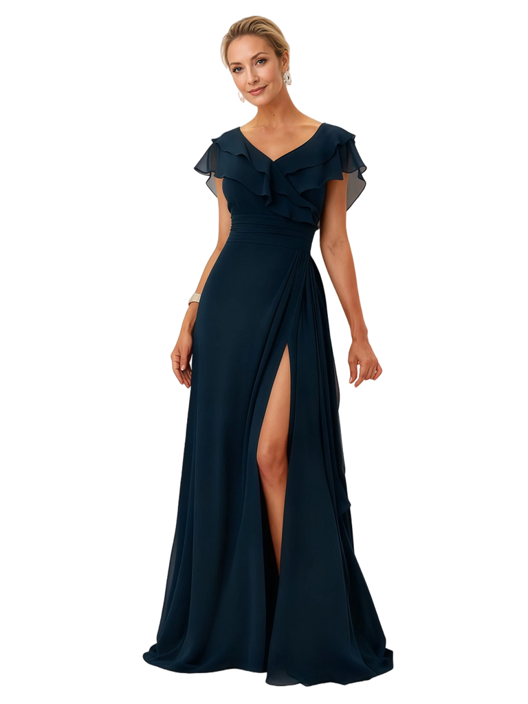 Elegant Flutter Sleeves V-Neck Chiffon A-Line Mother of The Bride Dresses
