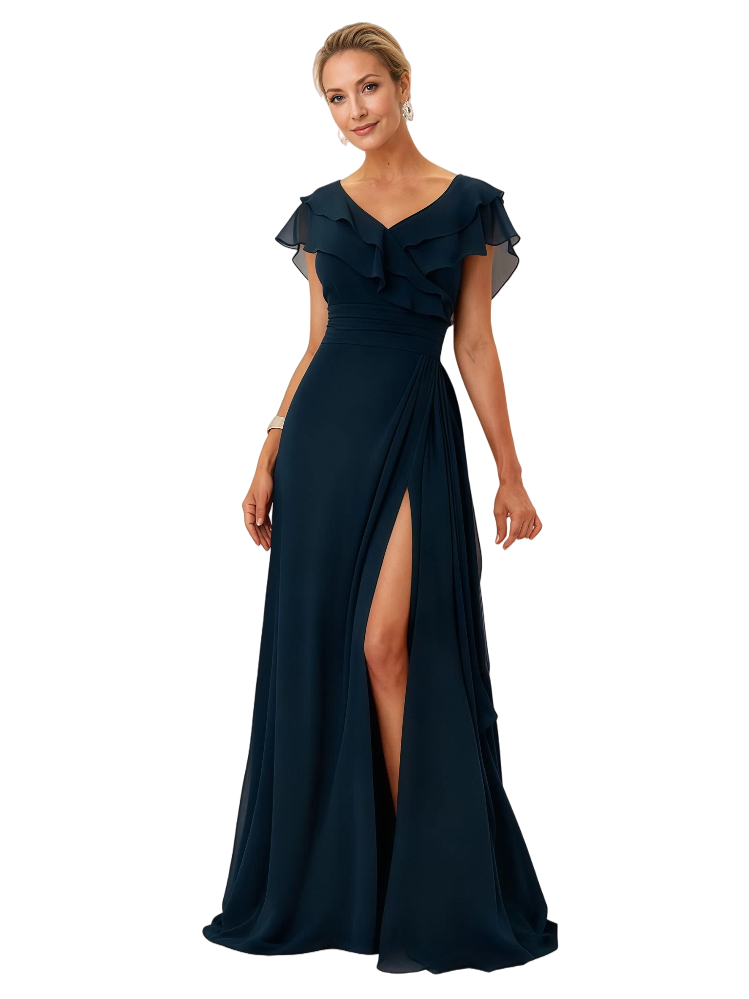 Elegant Flutter Sleeves V-Neck Chiffon A-Line Mother of The Bride Dresses