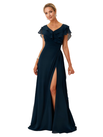 Elegant Flutter Sleeves V-Neck Chiffon A-Line Mother of The Bride Dresses