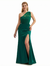 Trendy One Shoulder Mermaid Silky Satin Long Formal Dresses Side Slit