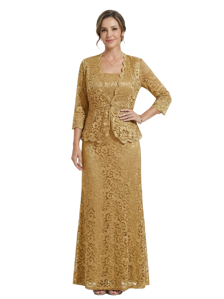 Elegant Square Long Sleeve Lace Sheath Mother of The Bride Dresses With Jacket