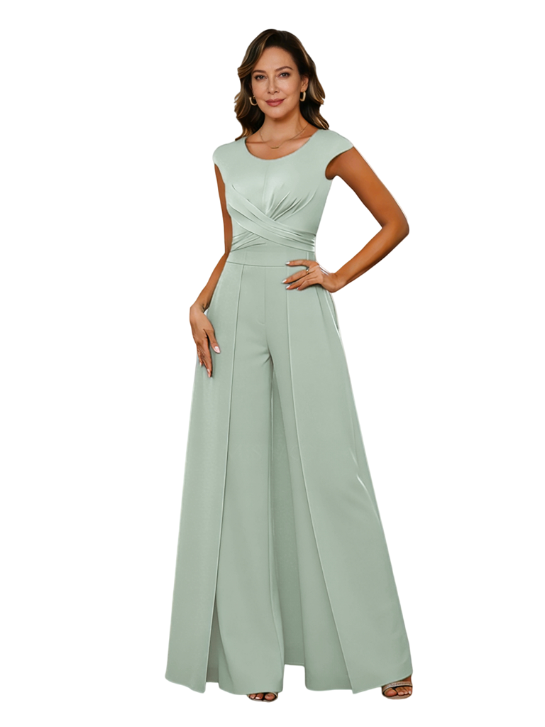 Elegant Cap Sleeves Scoop Satin Jumpsuit Mother Of The Bride Dresses