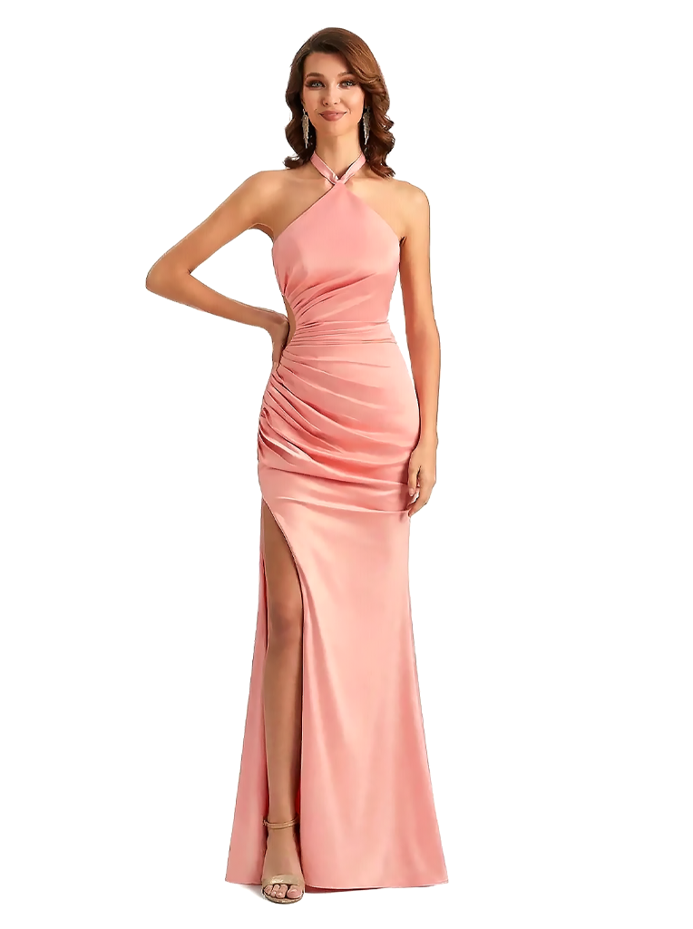Elegant Halter Mermaid Ruched Satin Long Evening Formal Dresses Side Slit