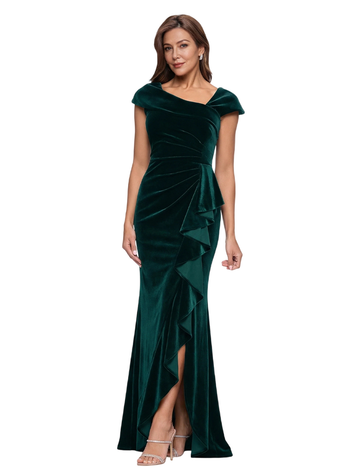 Elegant Asymmetric Cap Sleeves Ruffles Velvet Long Mother of The Dresses