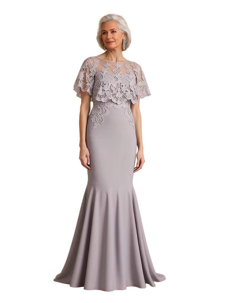 Elegant Short Sleeves Lace Chiffon Mermaid Mother of The Bride Dresses