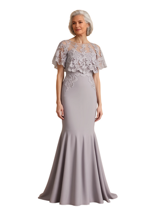 Elegant Short Sleeves Lace Chiffon Mermaid Mother of The Bride Dresses