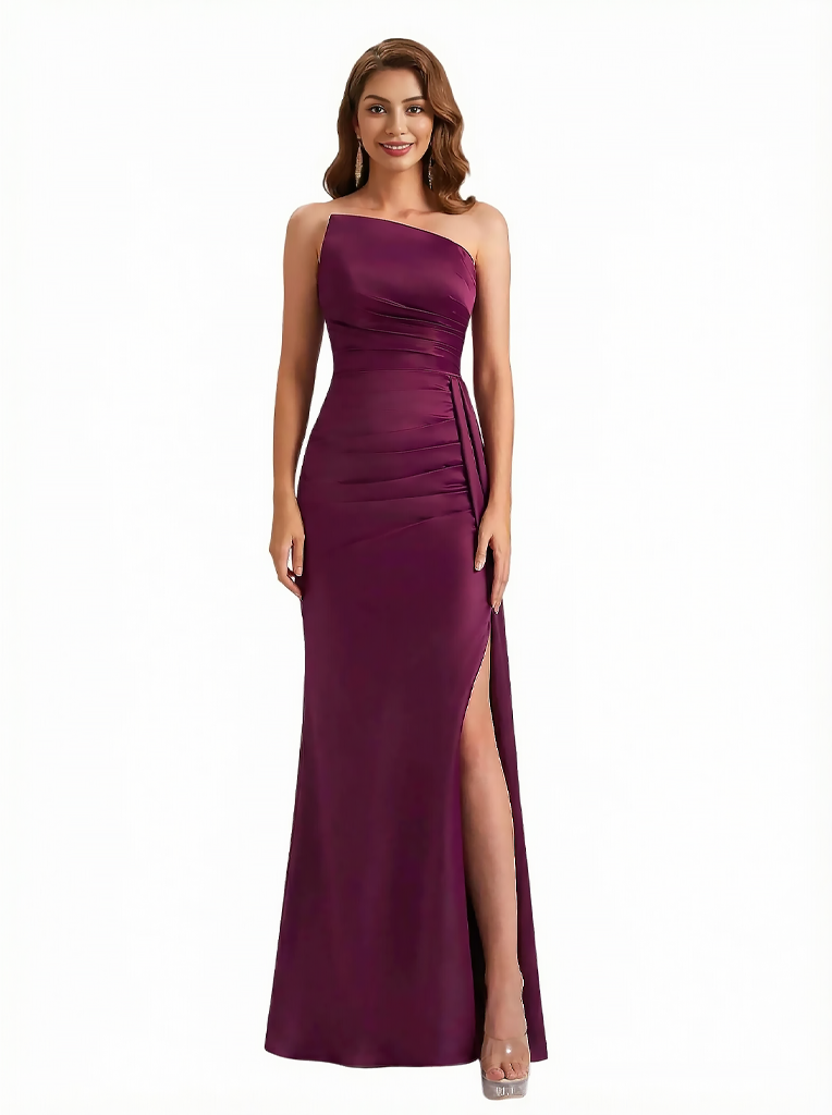 Trendy Strapless Asymmetrical Silky Satin Mermaid Long Evening Formal Dresses Side Slit