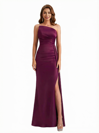Trendy Strapless Asymmetrical Silky Satin Mermaid Long Evening Formal Dresses Side Slit