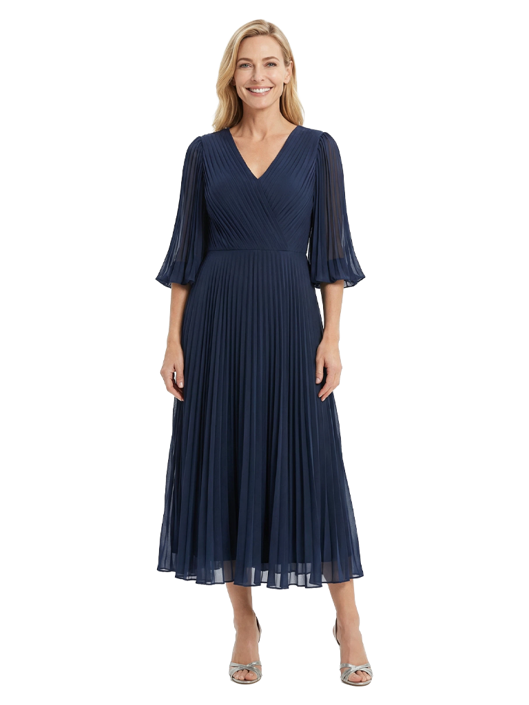 Modern A-Line Mother of the Bride Dresses V-Neck Ruched Chiffon Tea Length Formal Gowns