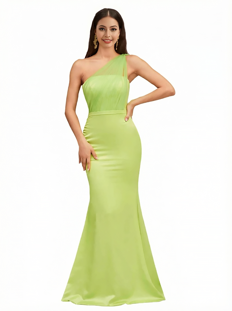 Elegant One Shoulder Silky Satin With Tulle Strap Mermaid Maxi Formal Evening Gowns