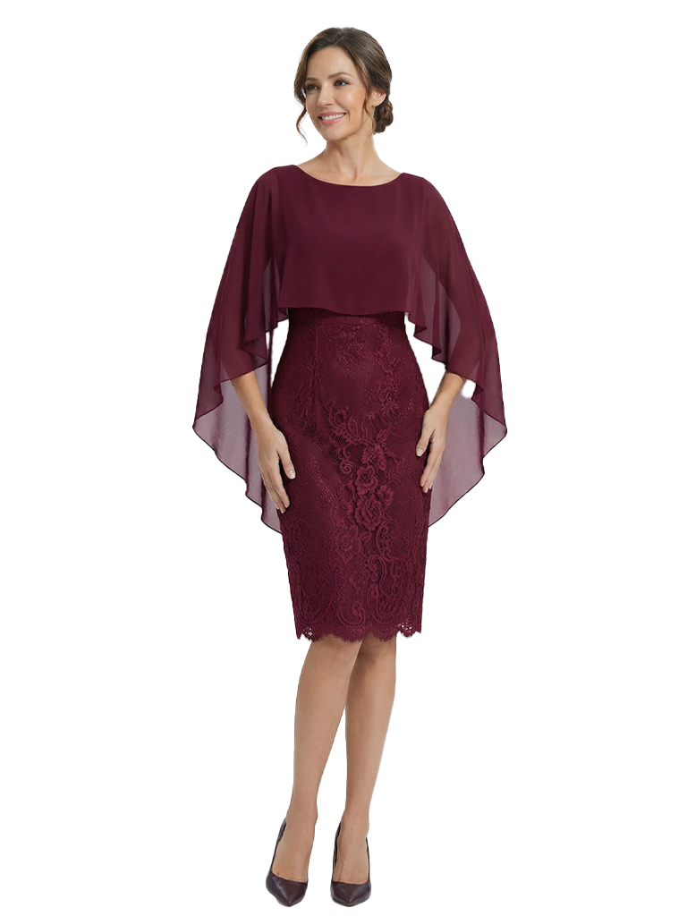 Elegant Cape Neck Scoop Lace Chiffon Cocktail Mother of The Bride Dresses
