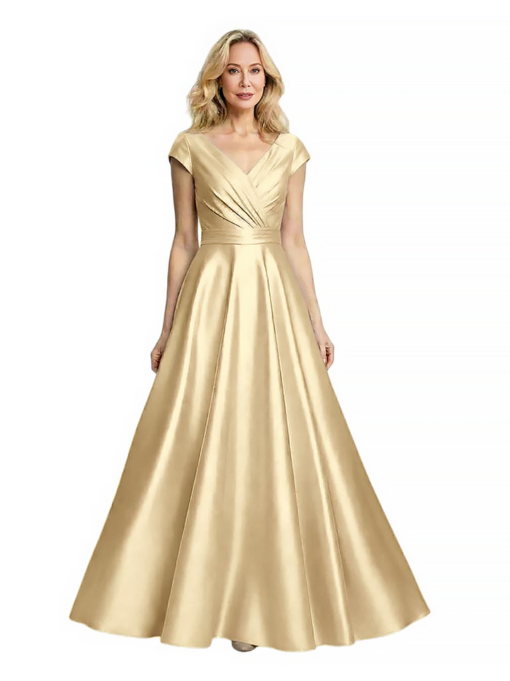 Elegant Satin V-neck Cap Sleeves A-line Long Mother Of The Bride Dresses