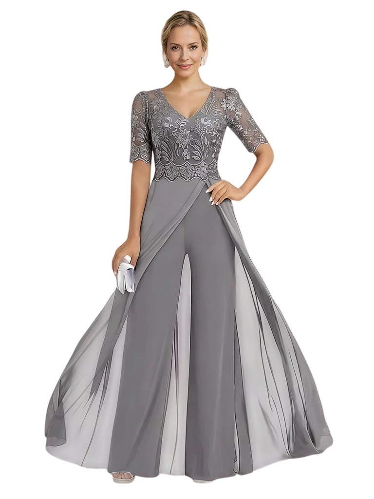 Elegant V-neck Chiffon And Lace Half Sleeves Pantsuit For Mother Of The Bride OverSkirt
