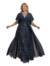 Elegant V-neck Bell Sleeves Lace Chiffon A-Line Mother of The Bride Dresses Overskirt