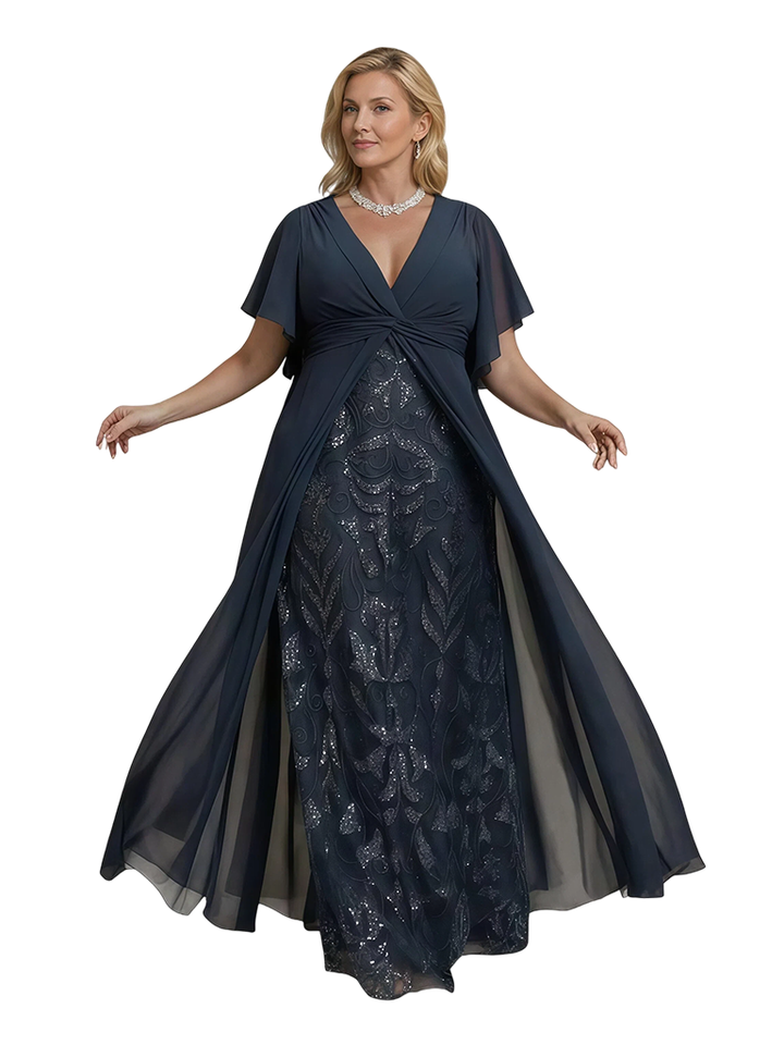 Elegant V-neck Bell Sleeves Lace Chiffon A-Line Mother of The Bride Dresses Overskirt