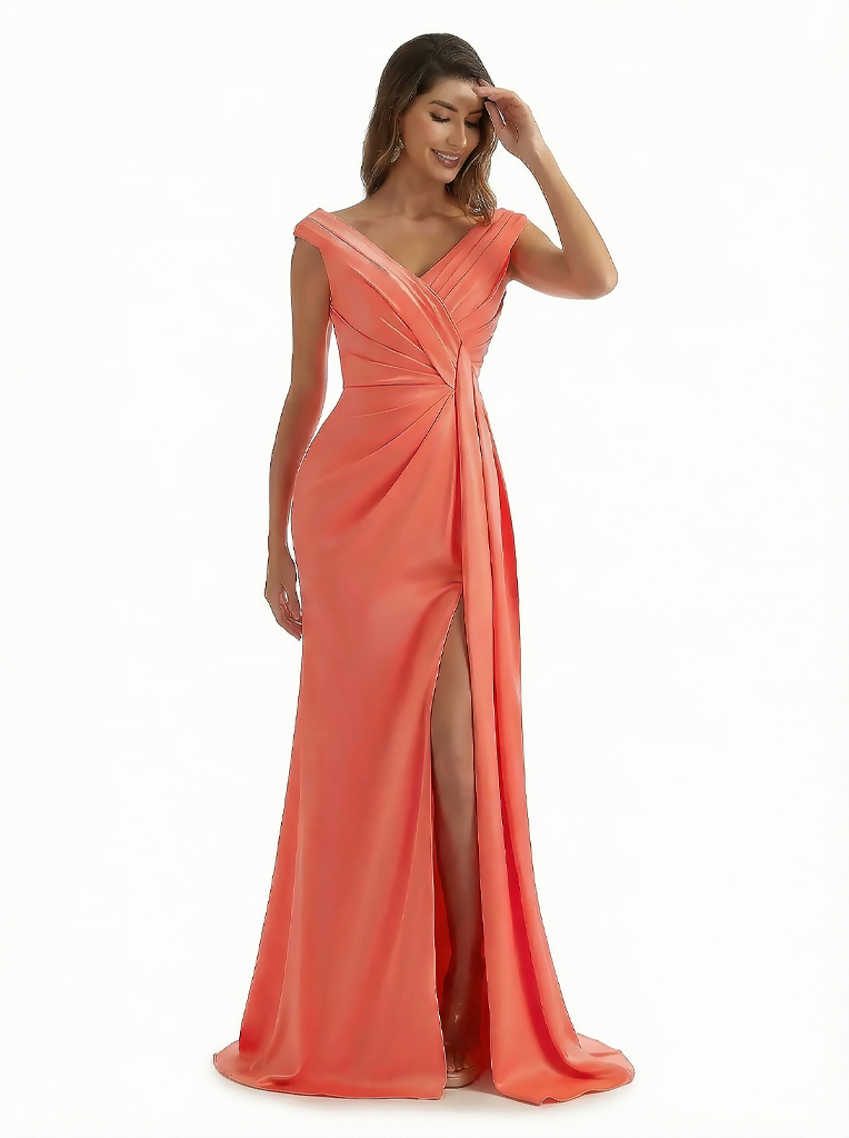 Elegant Cap Sleeves V-Neck Silky Satin Mermaid Long Formal Dresses Side Slit With Waist Drape