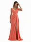 Elegant Cap Sleeves V-Neck Silky Satin Mermaid Long Formal Dresses Side Slit With Waist Drape
