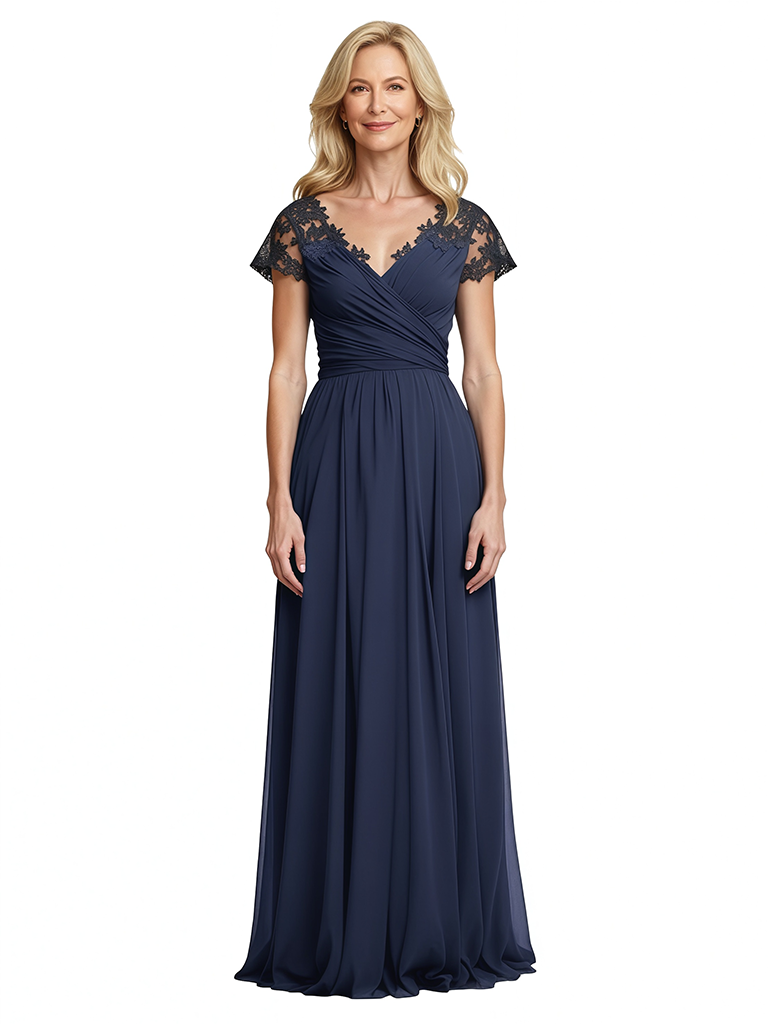 Elegant A-Line V-Neck Short Sleeves Lace Chiffon Mother of The Bride Dresses