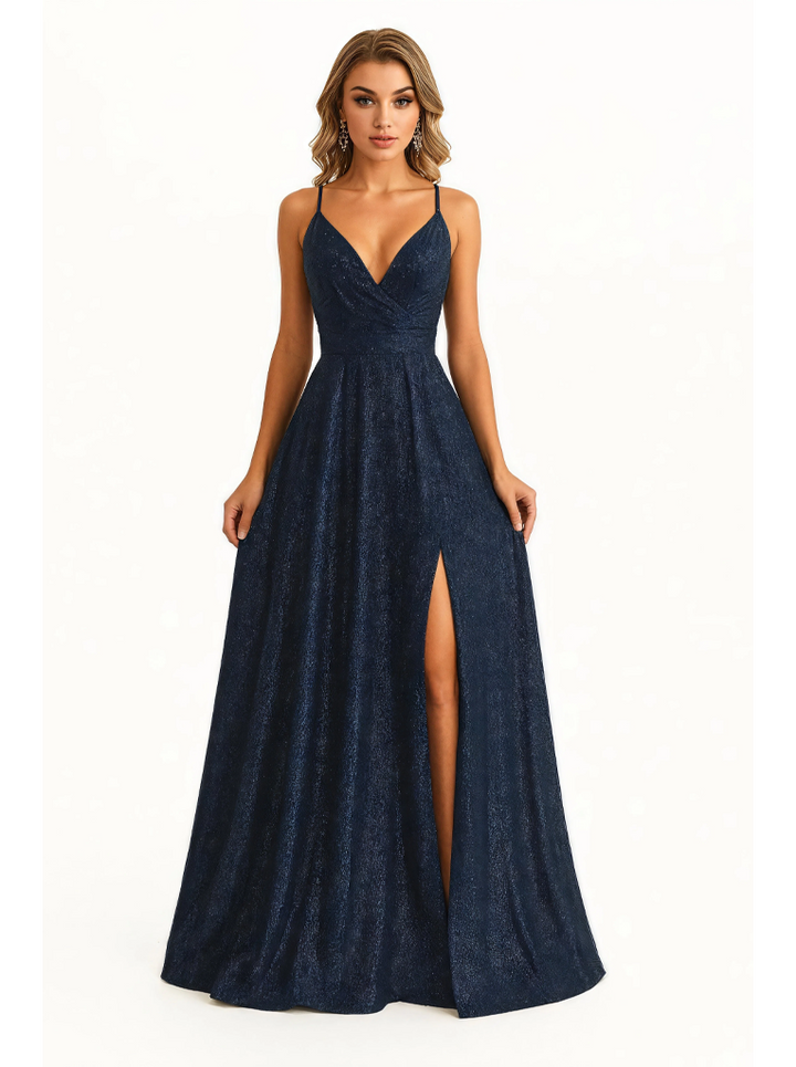 Sexy V-Neck Spaghetti Straps A-Line Glitter Jersey Maxi Formal Evening Dresses For Women