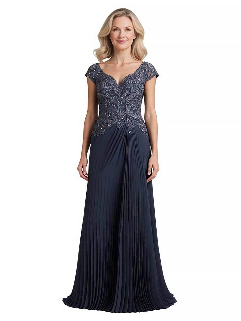 Elegant Cap Sleeves V-Neck Lace Chiffon A-Line Mother of The Bride Dresses