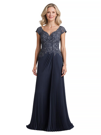 Elegant Cap Sleeves V-Neck Lace Chiffon A-Line Mother of The Bride Dresses