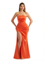 Elegant Strapless Silky Satin Mermaid Long Formal Dresses Side Slit