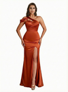 Elegant One Shoulder Side Slit Mermaid Silky Satin Long Formal Dresses