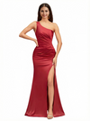 Ladies One Shoulder Silky Satin Criss Cross Mermaid Long Formal Evening Gowns Side Slit