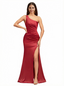Ladies One Shoulder Silky Satin Criss Cross Mermaid Long Formal Evening Gowns Side Slit