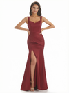 Sexy Straps Mermaid Side Slit Straps Square Silky Satin Long Formal Dresses