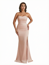 Sexy Sweetheart Side Slit Satin Mermaid Ruched Simple Long Formal Dresses