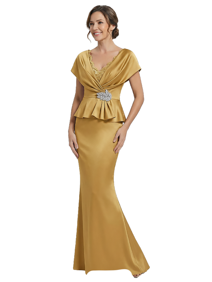 Elegant V-Neck Short Sleeves Ruffle Lace Mermaid Mother Of The Bride Dresses